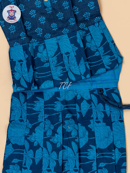Blue - Girls Readymade Floral Printed Cotton Pavadai Sattai