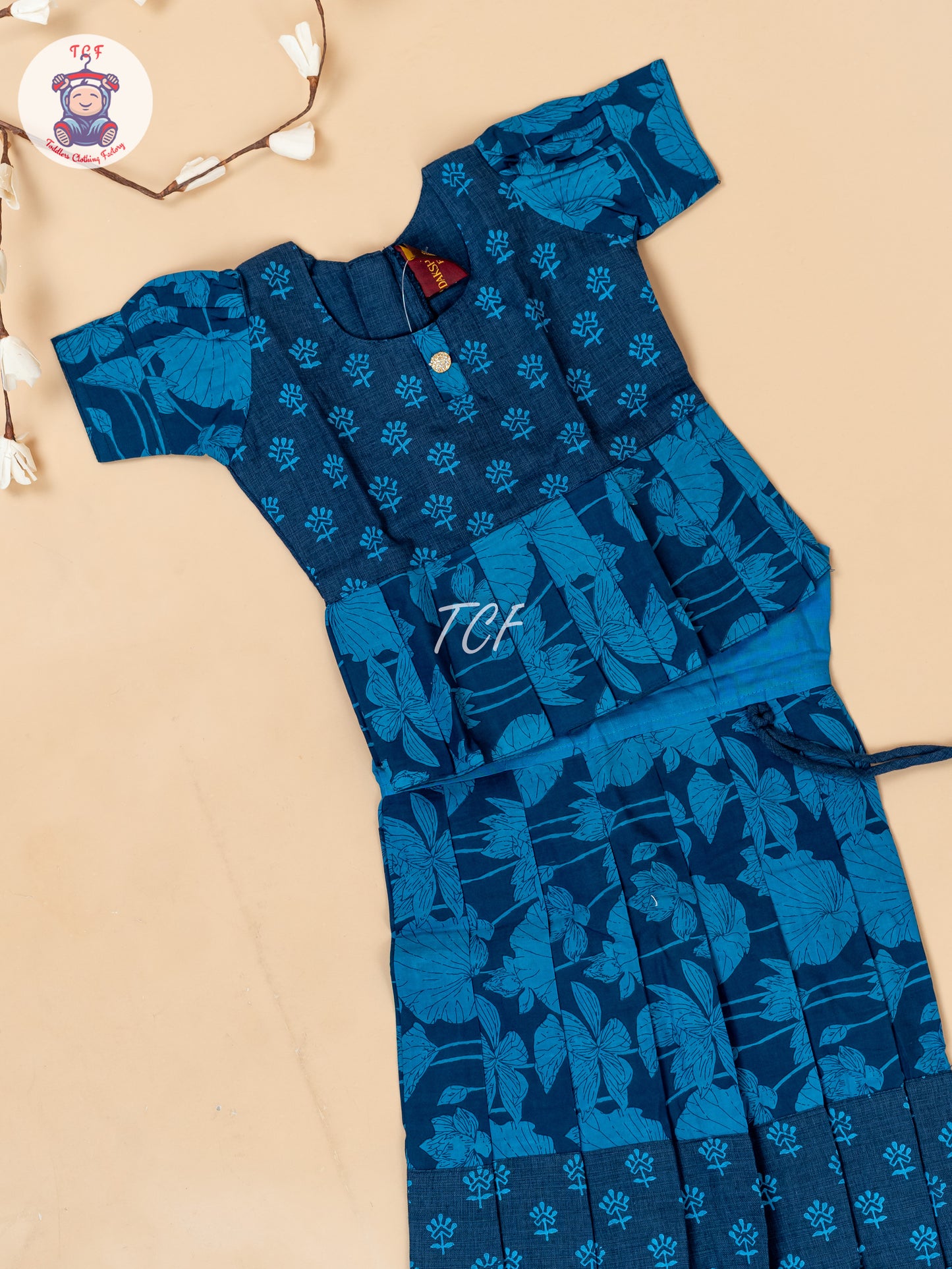 Blue - Girls Readymade Floral Printed Cotton Pavadai Sattai