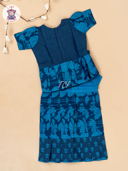 Blue - Girls Readymade Floral Printed Cotton Pavadai Sattai