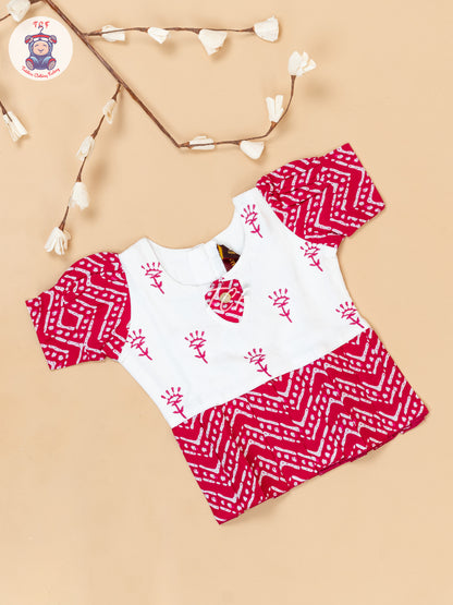White & Red - Girls Readymade Floral Printed Cotton Pavadai Sattai