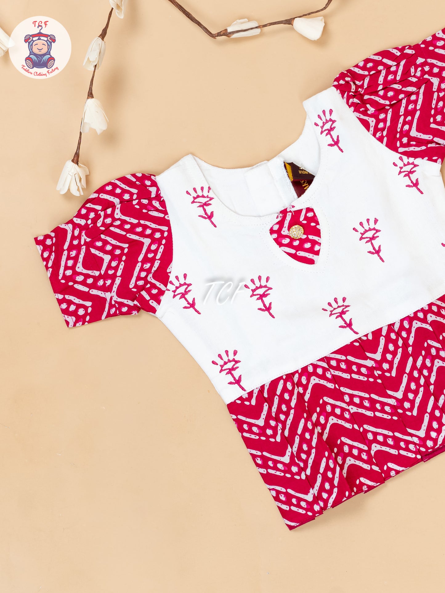 White & Red - Girls Readymade Floral Printed Cotton Pavadai Sattai