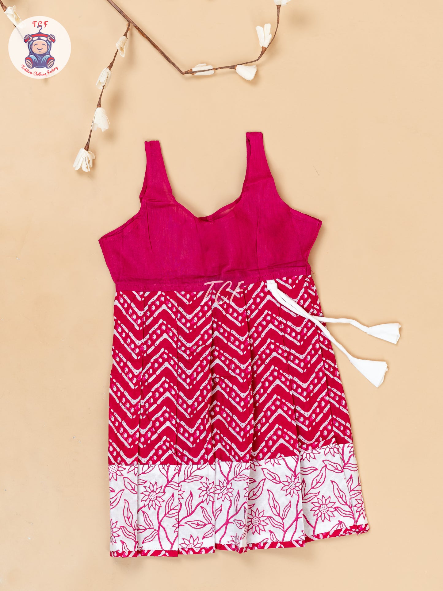 White & Red - Girls Readymade Floral Printed Cotton Pavadai Sattai