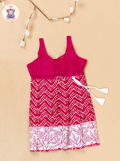 White & Red - Girls Readymade Floral Printed Cotton Pavadai Sattai