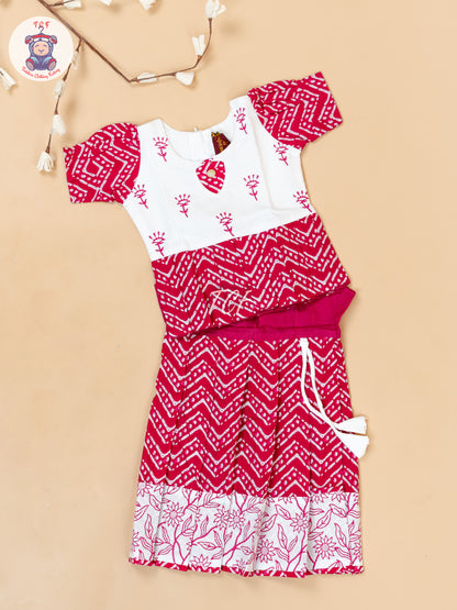 White & Red - Girls Readymade Floral Printed Cotton Pavadai Sattai