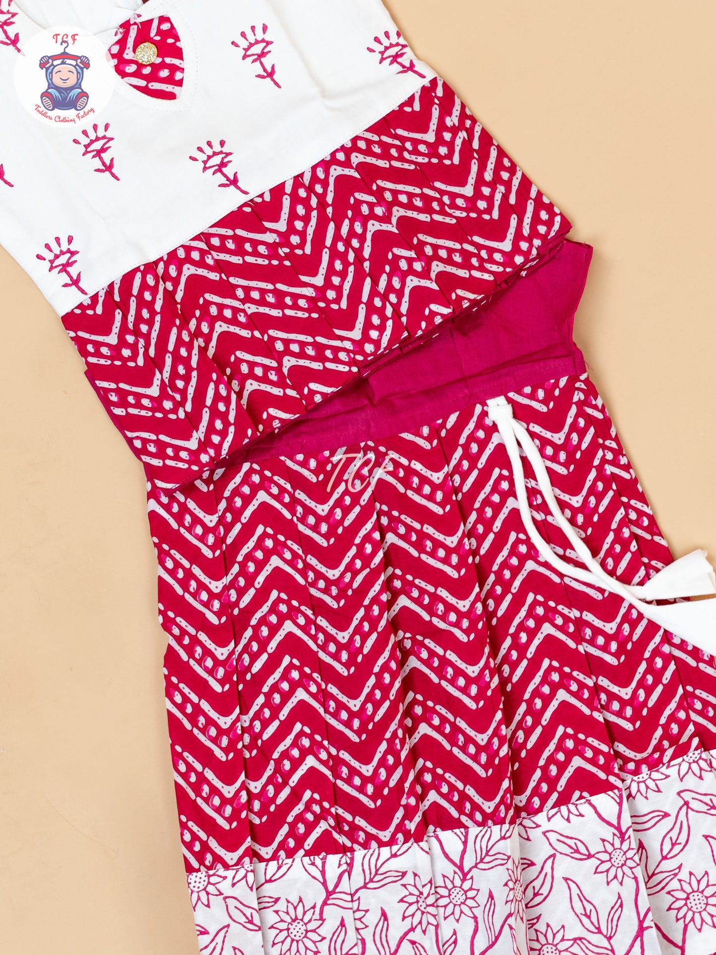White & Red - Girls Readymade Floral Printed Cotton Pavadai Sattai