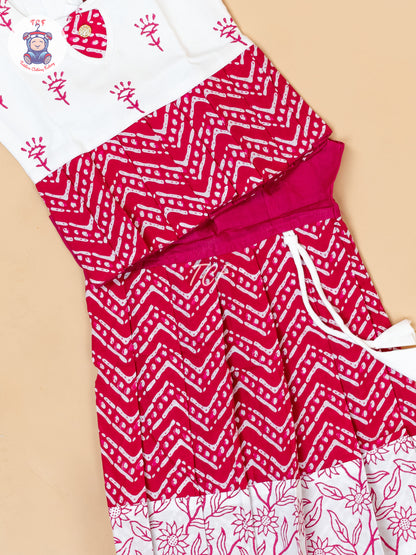 White & Red - Girls Readymade Floral Printed Cotton Pavadai Sattai