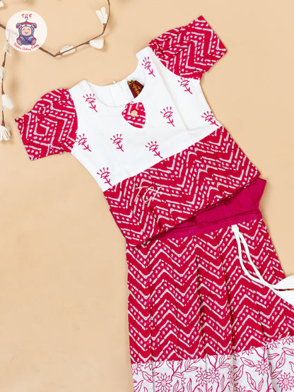 White & Red - Girls Readymade Floral Printed Cotton Pavadai Sattai