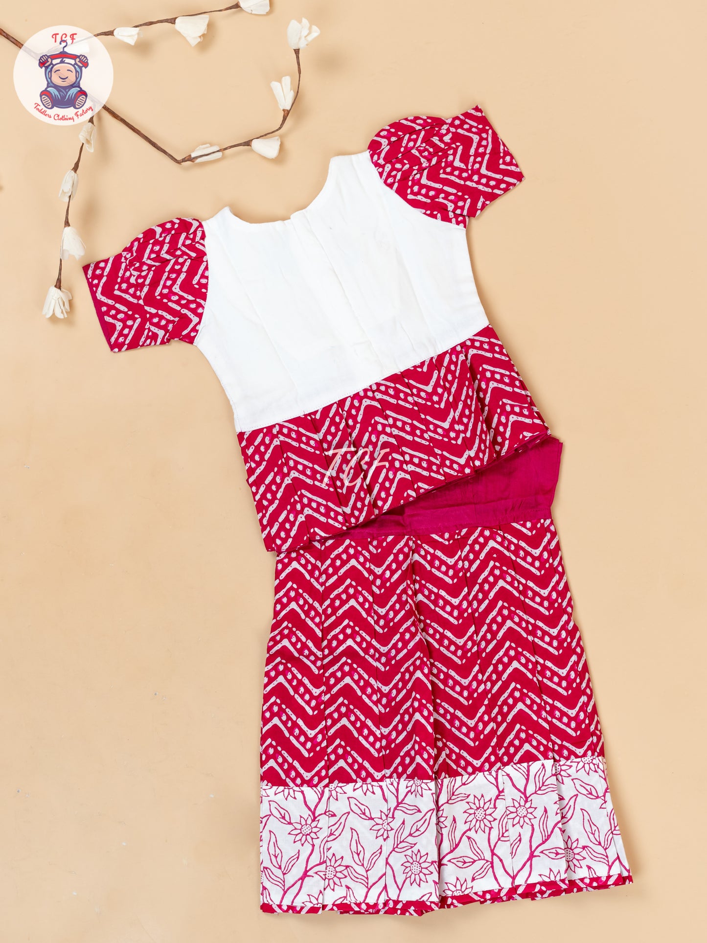 White & Red - Girls Readymade Floral Printed Cotton Pavadai Sattai