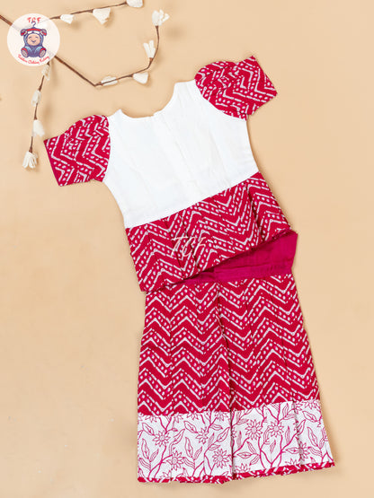 White & Red - Girls Readymade Floral Printed Cotton Pavadai Sattai