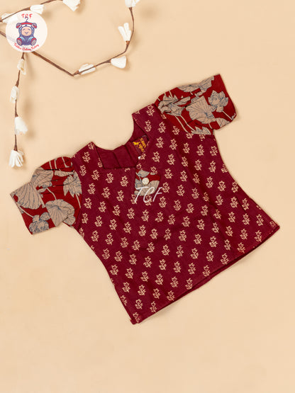 Maroon & Light Brown - Girls Readymade Floral Printed Cotton Pavadai Sattai