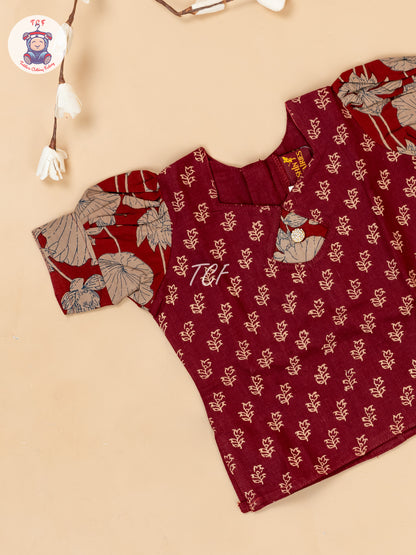 Maroon & Light Brown - Girls Readymade Floral Printed Cotton Pavadai Sattai