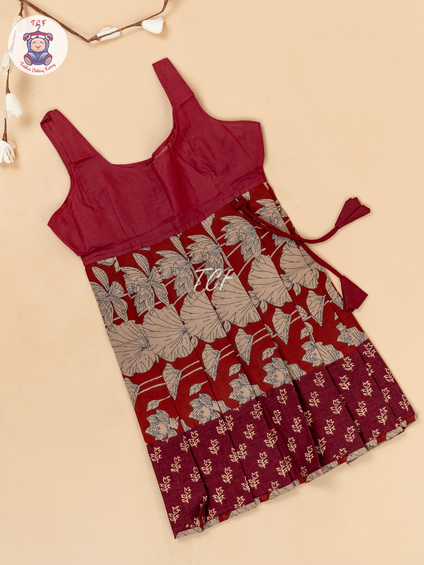 Maroon & Light Brown - Girls Readymade Floral Printed Cotton Pavadai Sattai