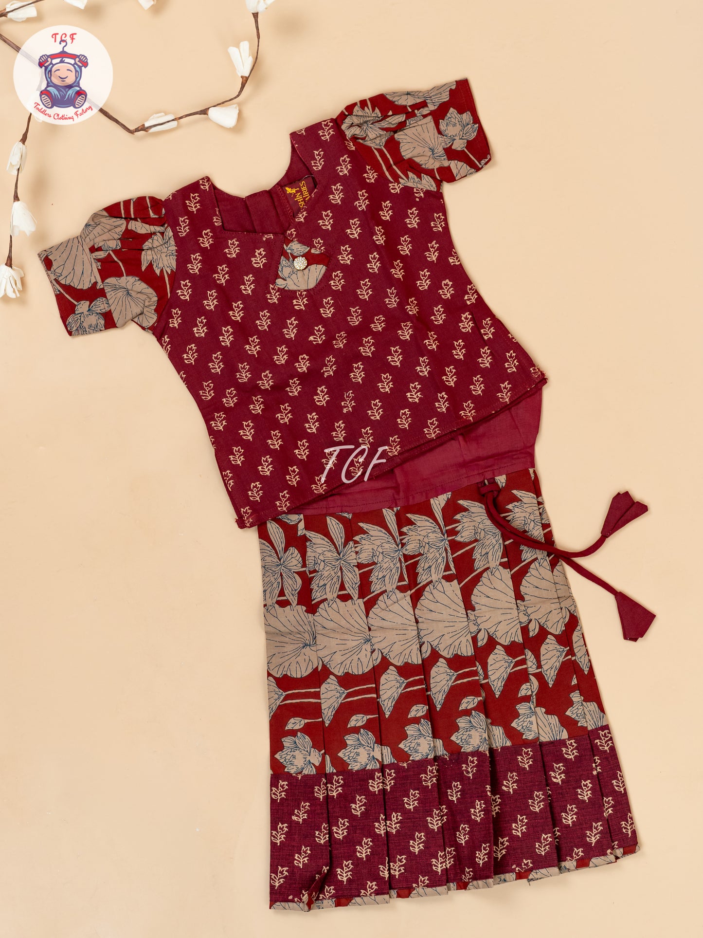 Maroon & Light Brown - Girls Readymade Floral Printed Cotton Pavadai Sattai