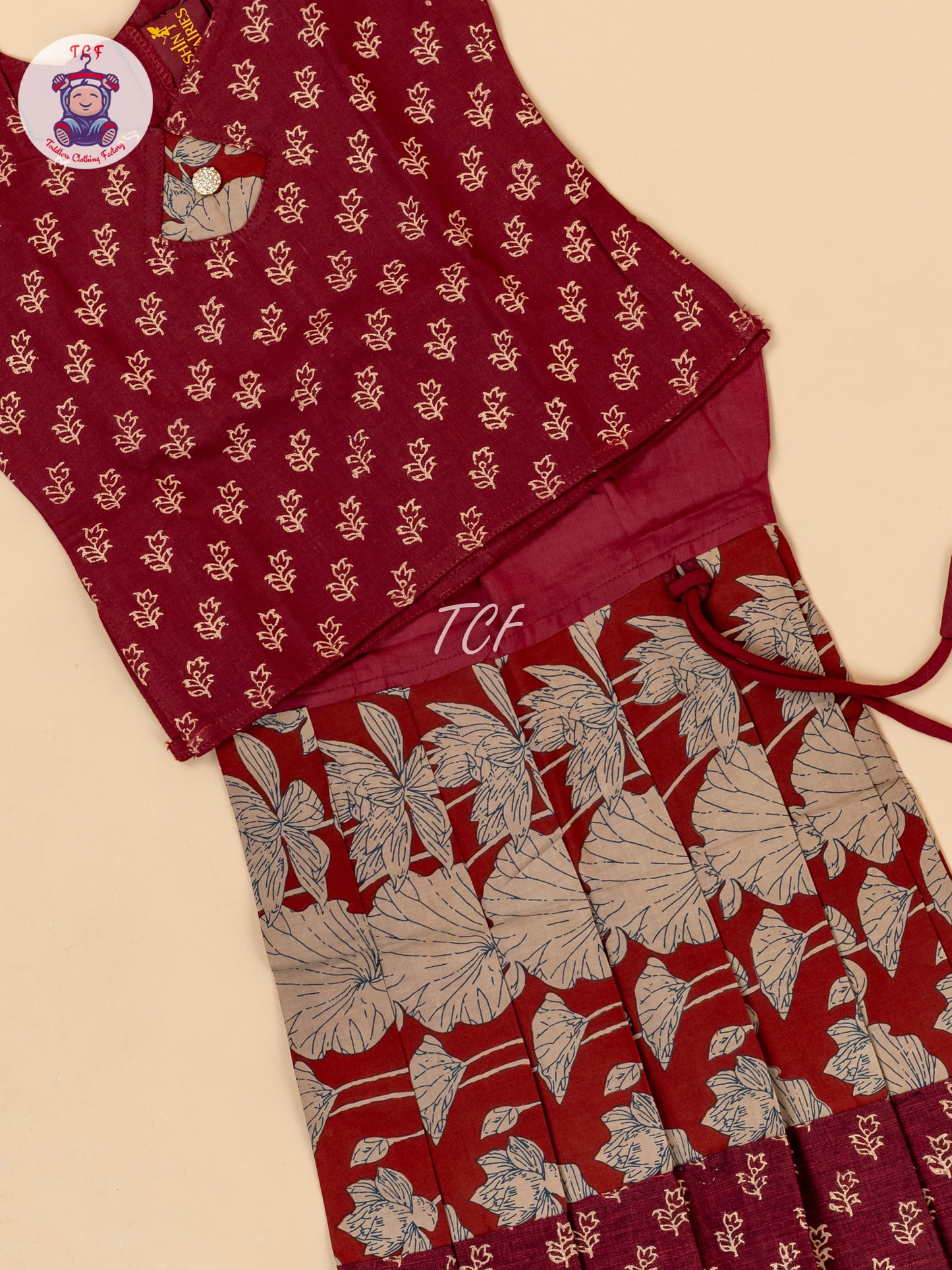 Maroon & Light Brown - Girls Readymade Floral Printed Cotton Pavadai Sattai