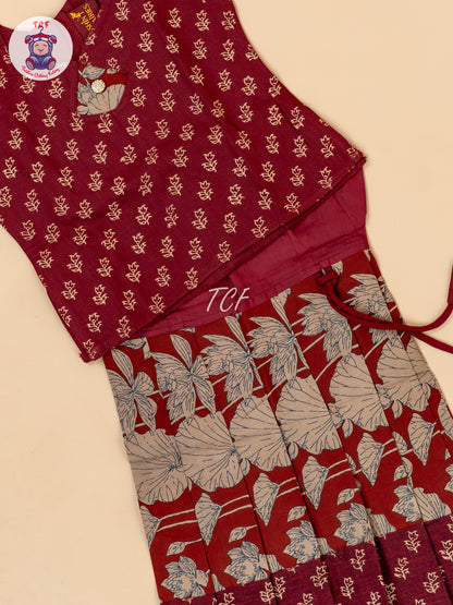Maroon & Light Brown - Girls Readymade Floral Printed Cotton Pavadai Sattai