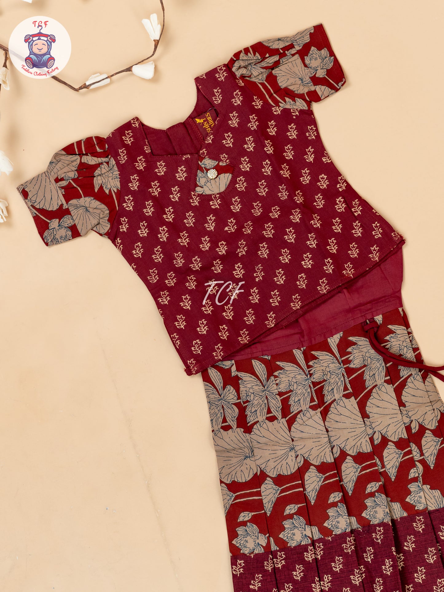 Maroon & Light Brown - Girls Readymade Floral Printed Cotton Pavadai Sattai