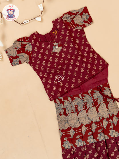 Maroon & Light Brown - Girls Readymade Floral Printed Cotton Pavadai Sattai