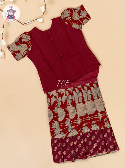 Maroon & Light Brown - Girls Readymade Floral Printed Cotton Pavadai Sattai