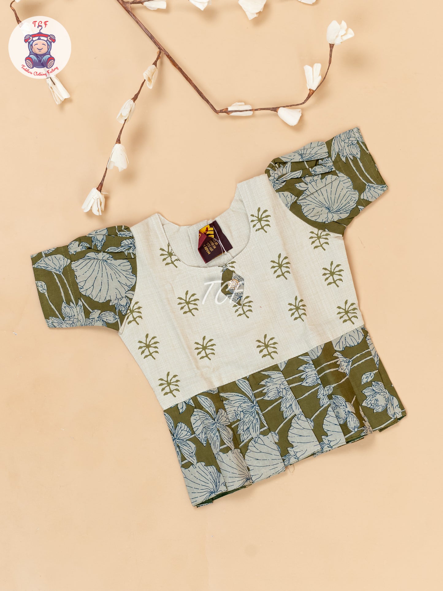 Light Green - Girls Readymade Floral Printed Cotton Pavadai Sattai