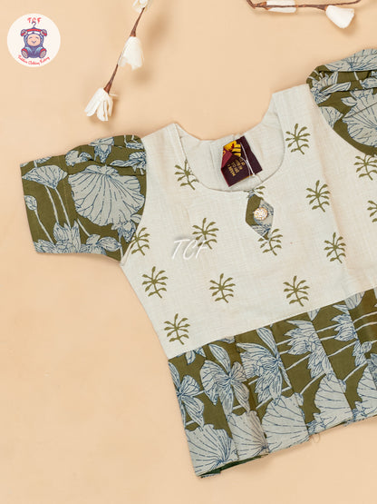 Light Green - Girls Readymade Floral Printed Cotton Pavadai Sattai