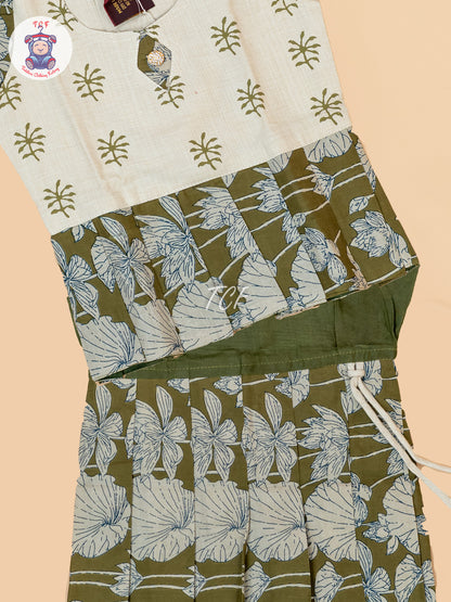 Light Green - Girls Readymade Floral Printed Cotton Pavadai Sattai
