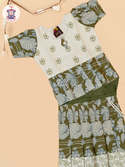Light Green - Girls Readymade Floral Printed Cotton Pavadai Sattai