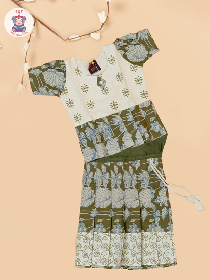 Light Green - Girls Readymade Floral Printed Cotton Pavadai Sattai