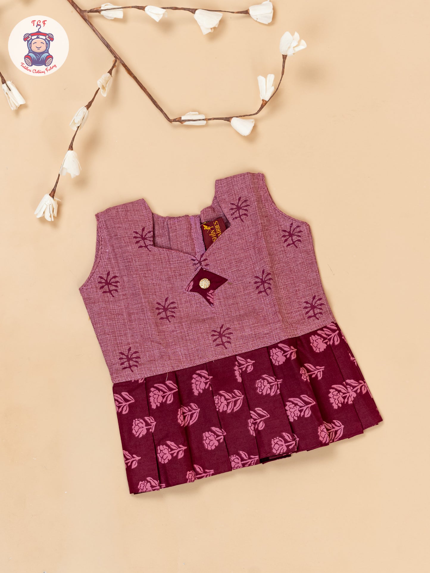 Maroon - Girls Readymade Floral Printed Cotton Pavadai Sattai