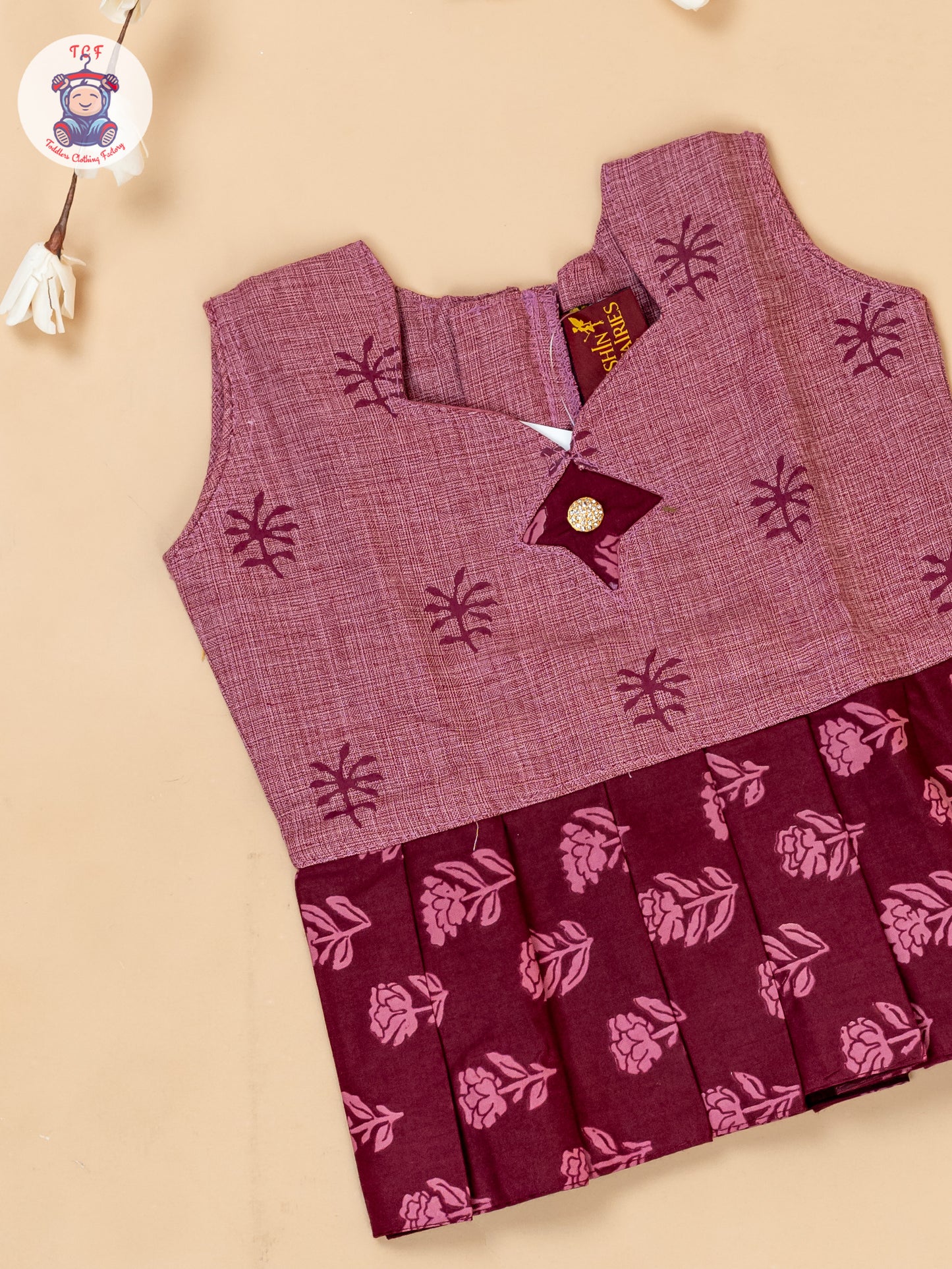 Maroon - Girls Readymade Floral Printed Cotton Pavadai Sattai