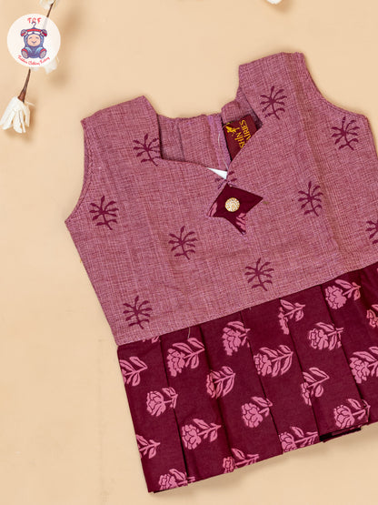 Maroon - Girls Readymade Floral Printed Cotton Pavadai Sattai