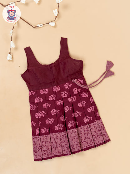 Maroon - Girls Readymade Floral Printed Cotton Pavadai Sattai