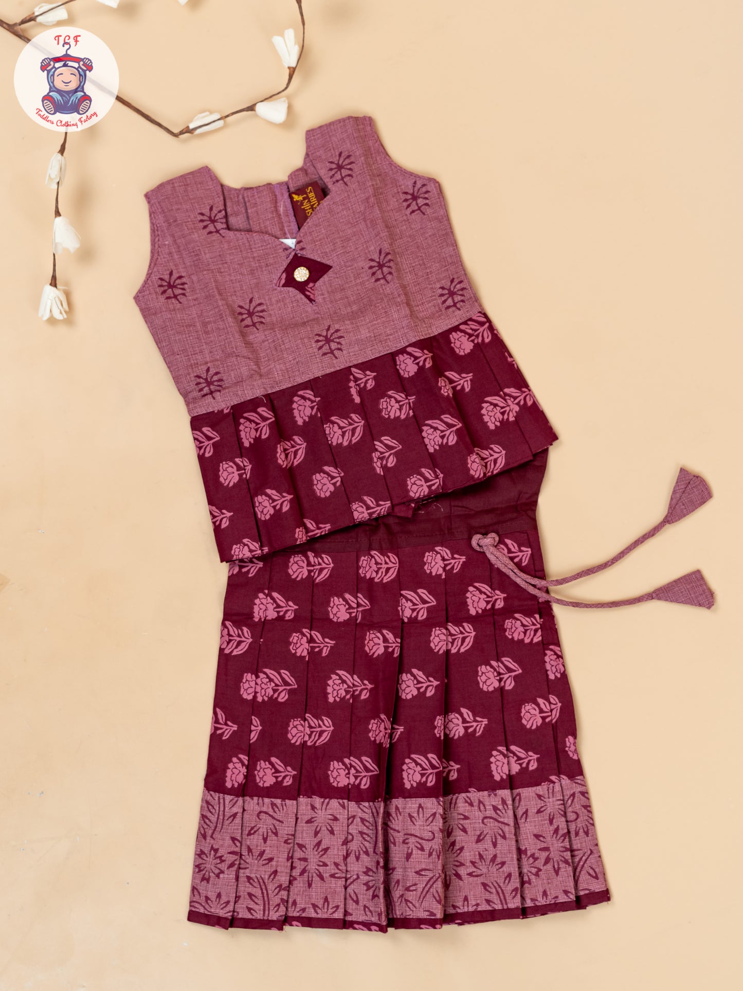 Maroon - Girls Readymade Floral Printed Cotton Pavadai Sattai