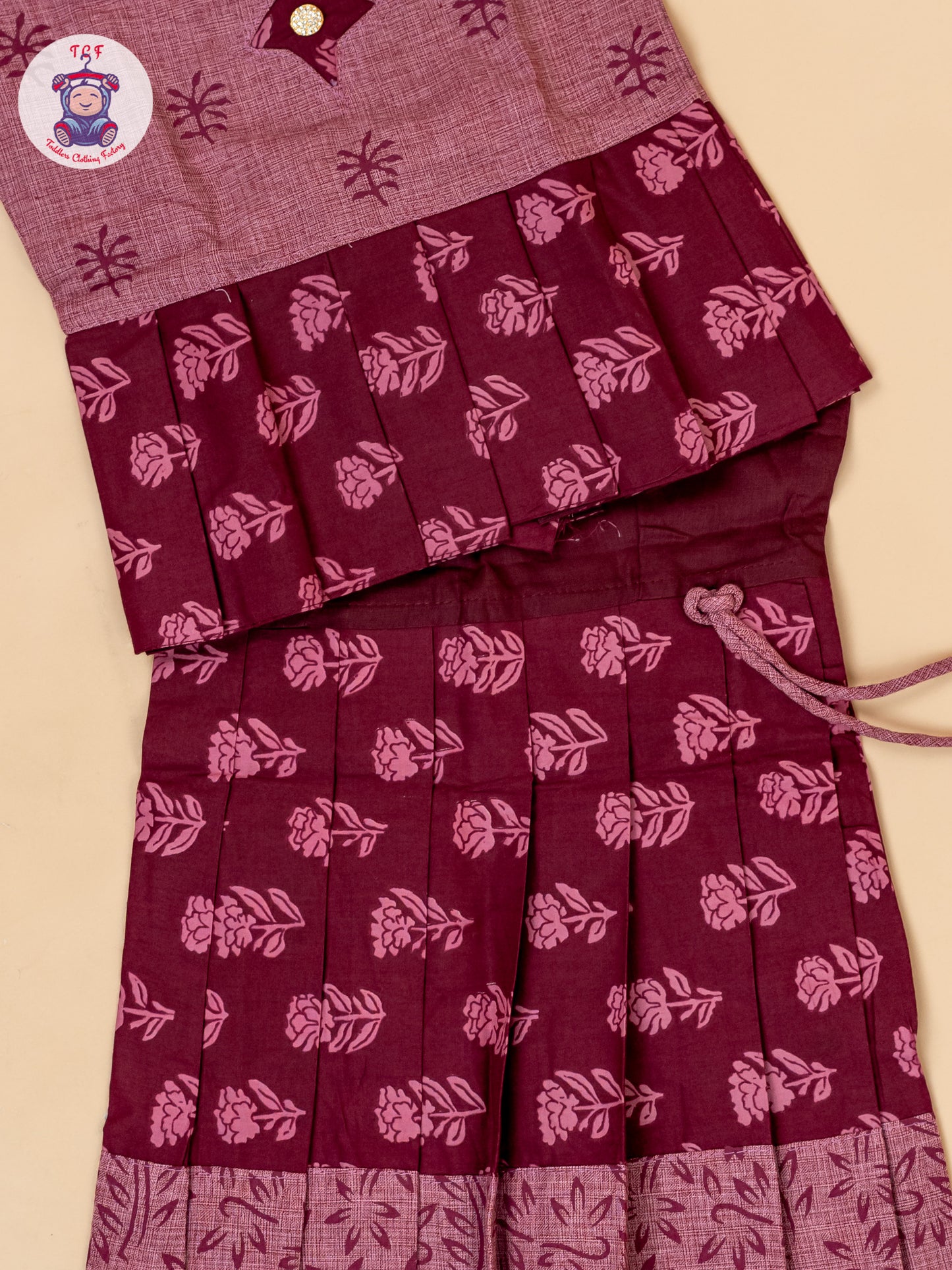 Maroon - Girls Readymade Floral Printed Cotton Pavadai Sattai