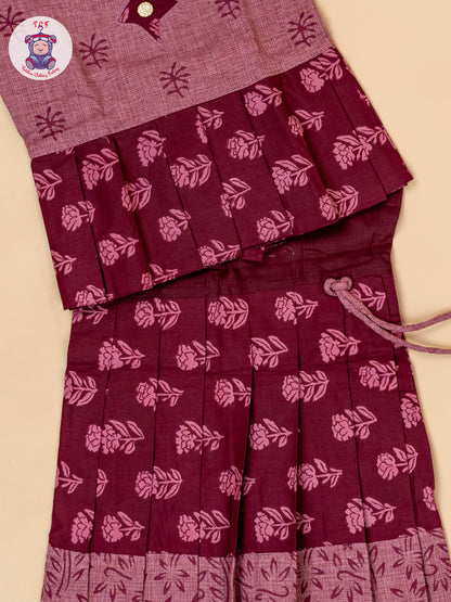 Maroon - Girls Readymade Floral Printed Cotton Pavadai Sattai