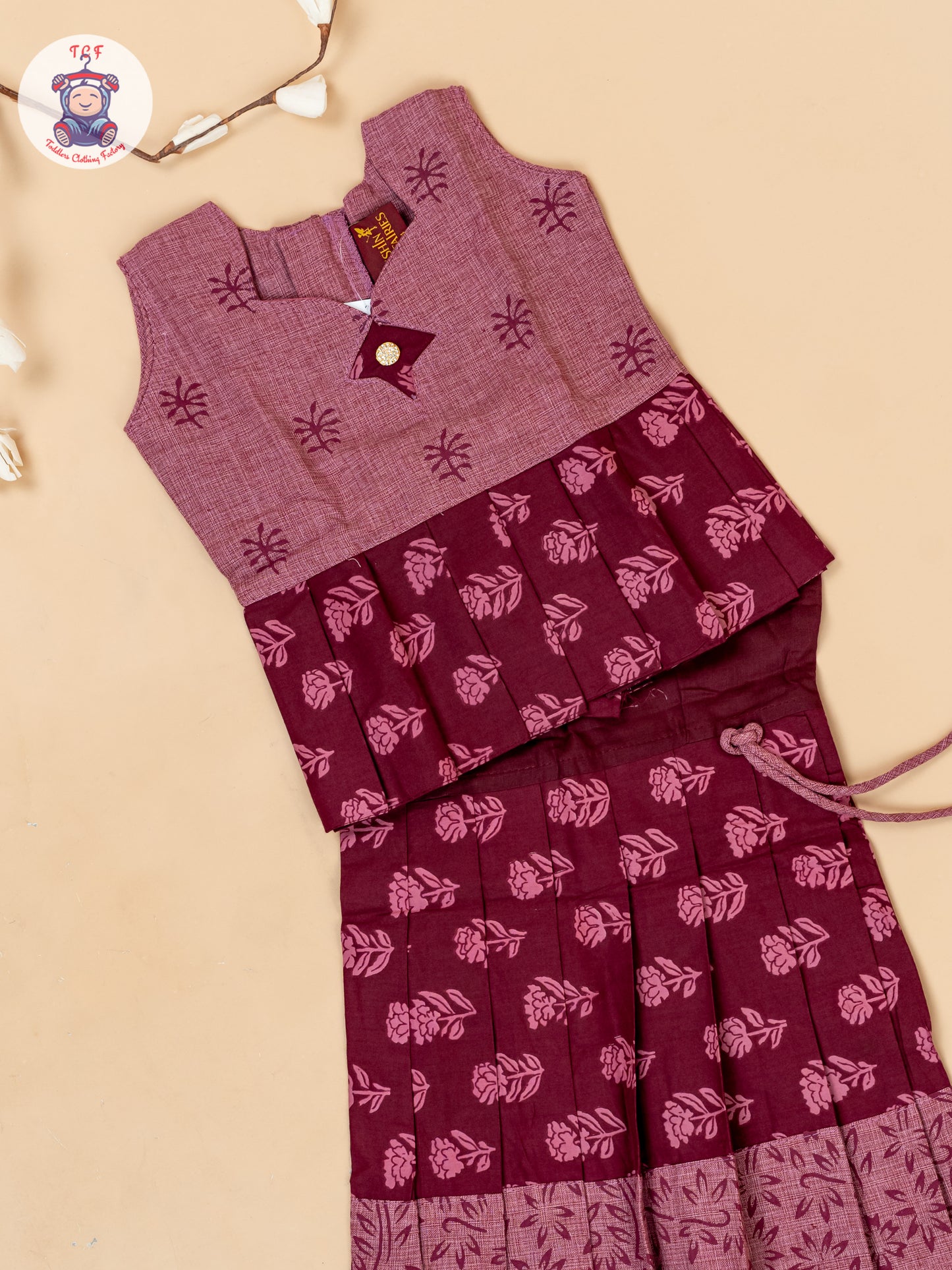 Maroon - Girls Readymade Floral Printed Cotton Pavadai Sattai
