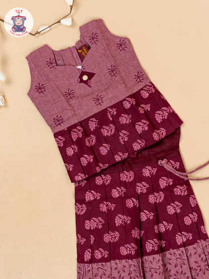 Maroon - Girls Readymade Floral Printed Cotton Pavadai Sattai