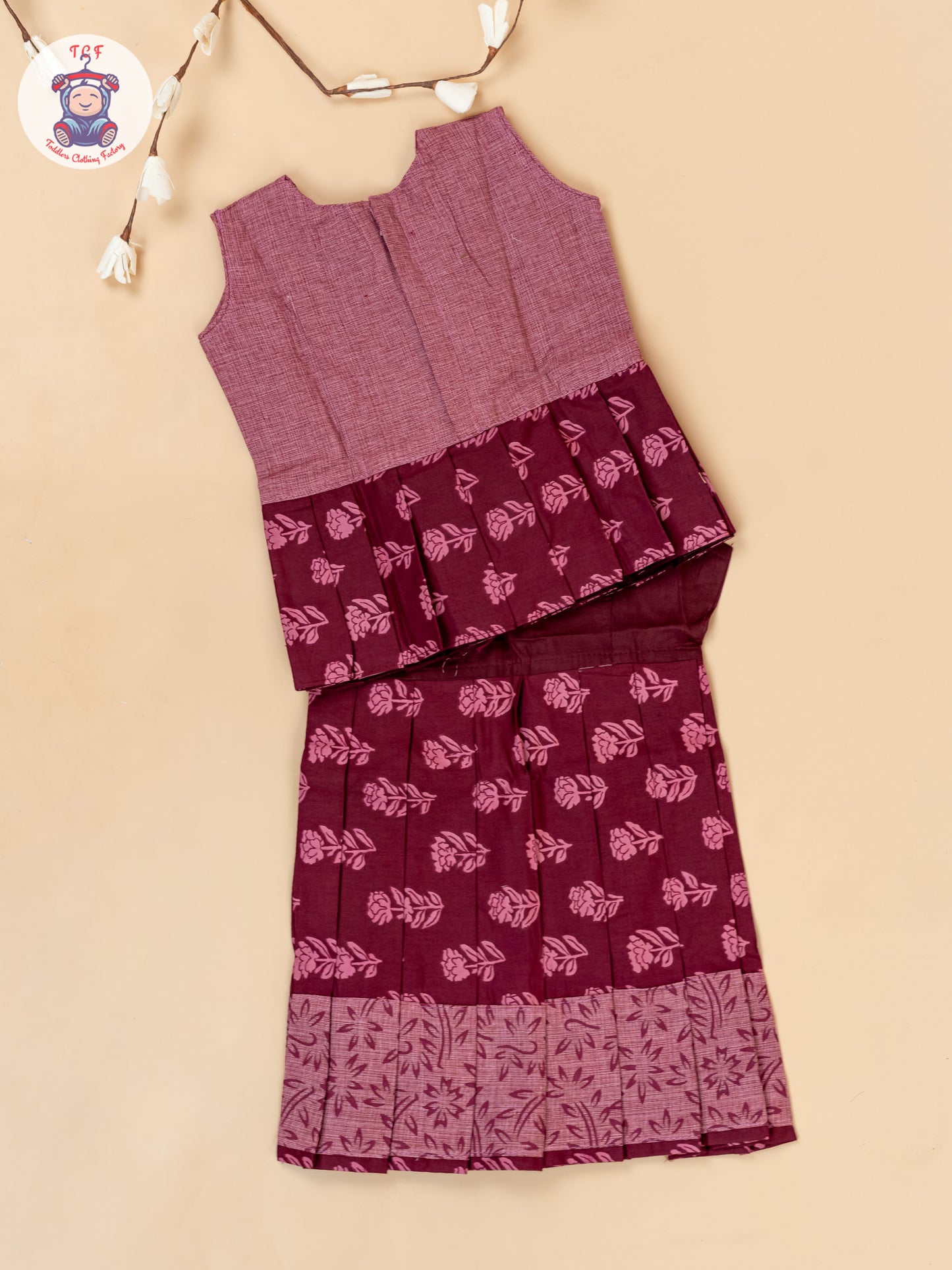 Maroon - Girls Readymade Floral Printed Cotton Pavadai Sattai