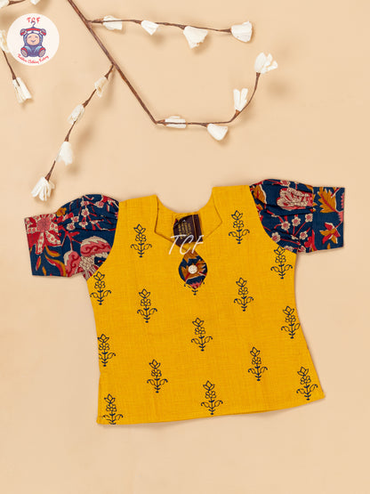 Yellow & Navy Blue - Girls Readymade Floral Printed Cotton Pavadai Sattai