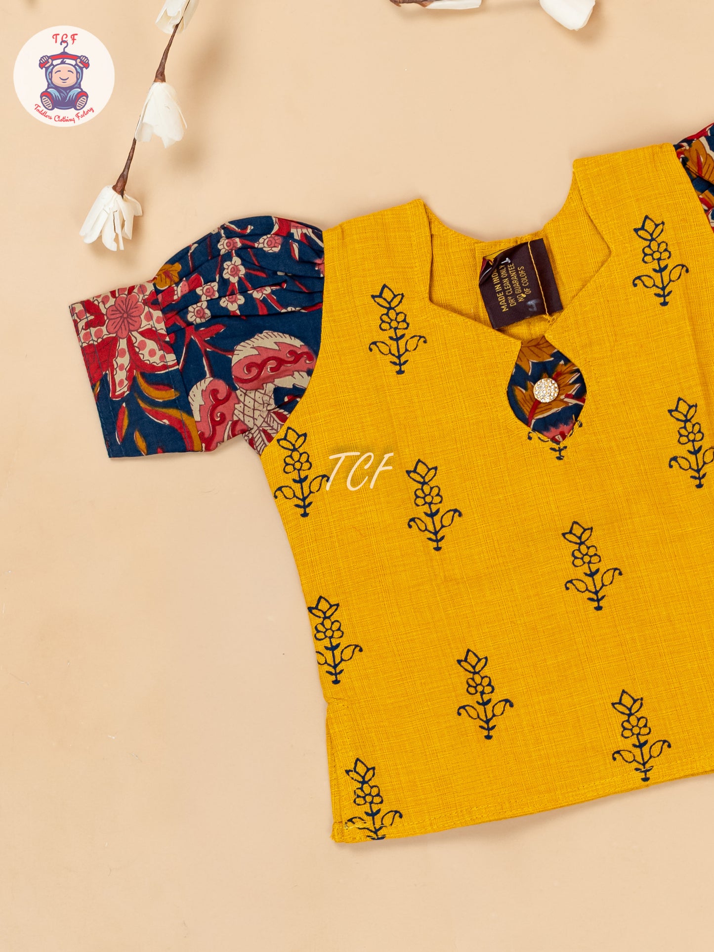Yellow & Navy Blue - Girls Readymade Floral Printed Cotton Pavadai Sattai