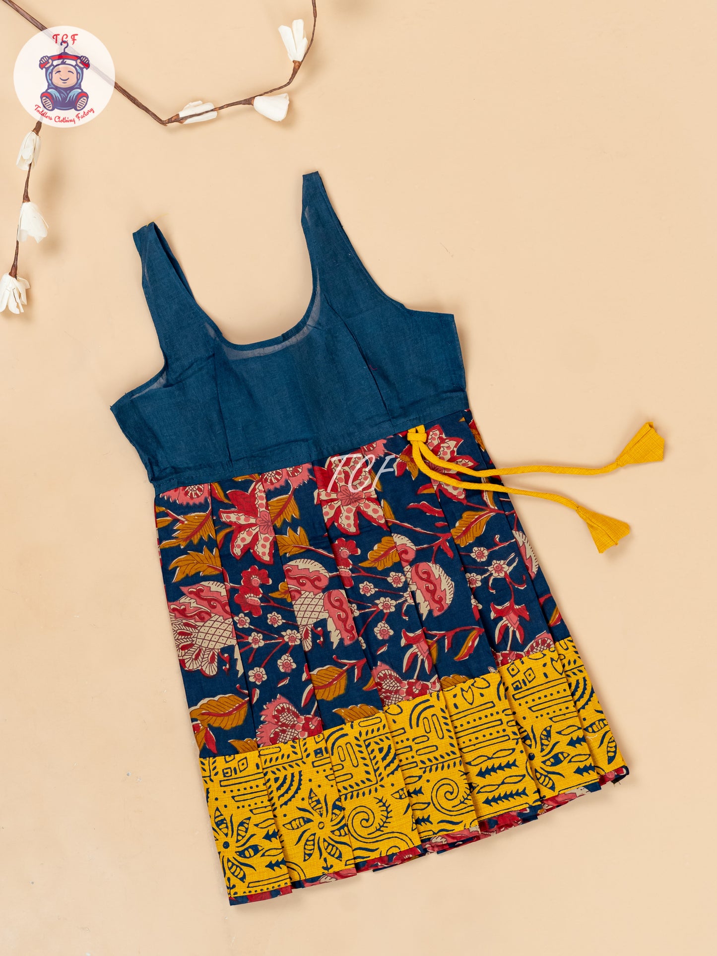 Yellow & Navy Blue - Girls Readymade Floral Printed Cotton Pavadai Sattai