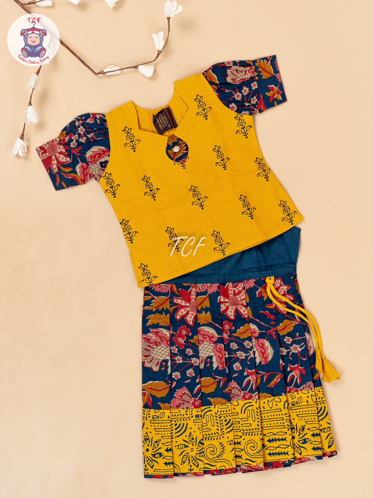 Yellow & Navy Blue - Girls Readymade Floral Printed Cotton Pavadai Sattai