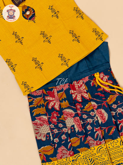 Yellow & Navy Blue - Girls Readymade Floral Printed Cotton Pavadai Sattai