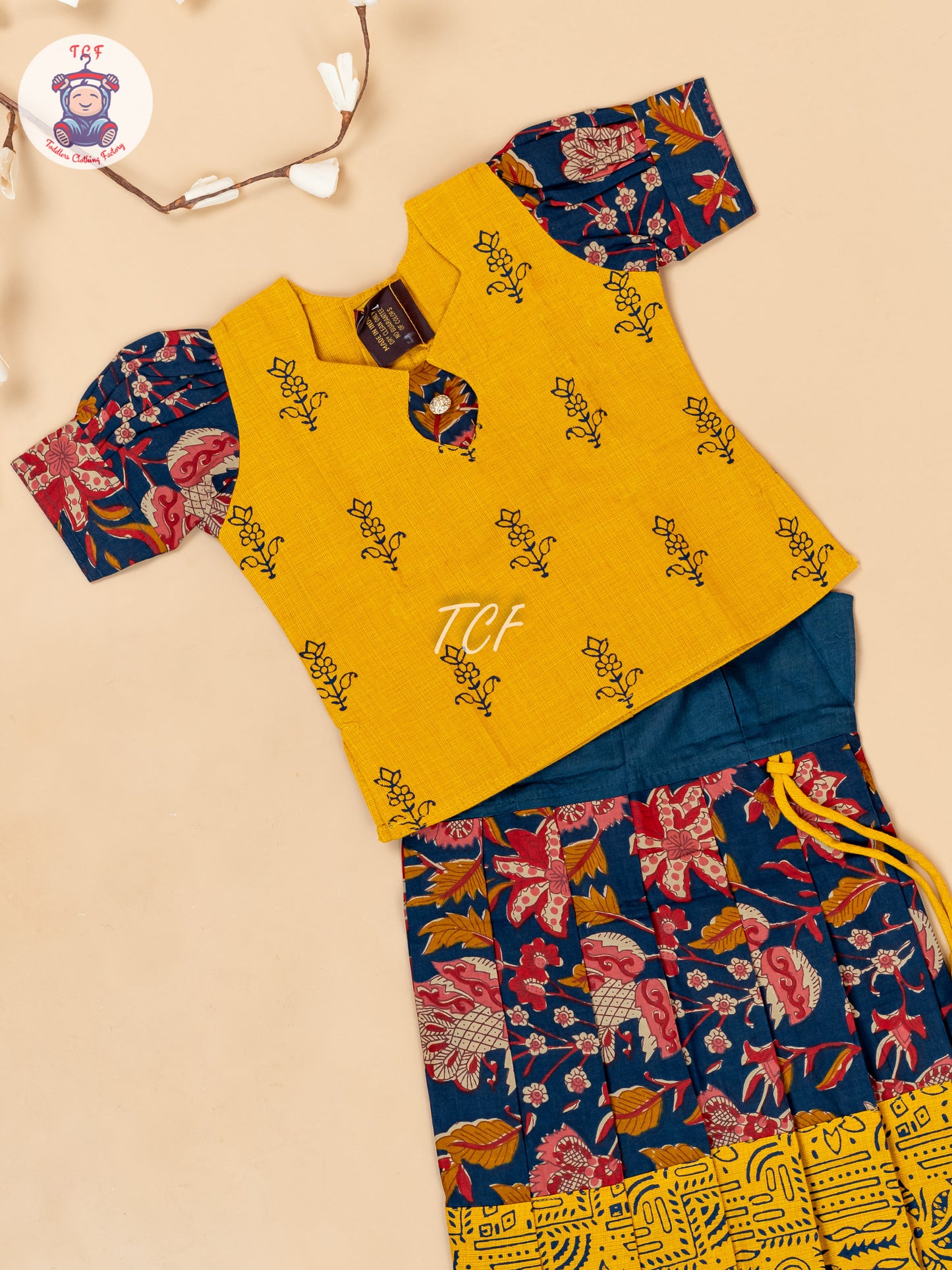 Yellow & Navy Blue - Girls Readymade Floral Printed Cotton Pavadai Sattai