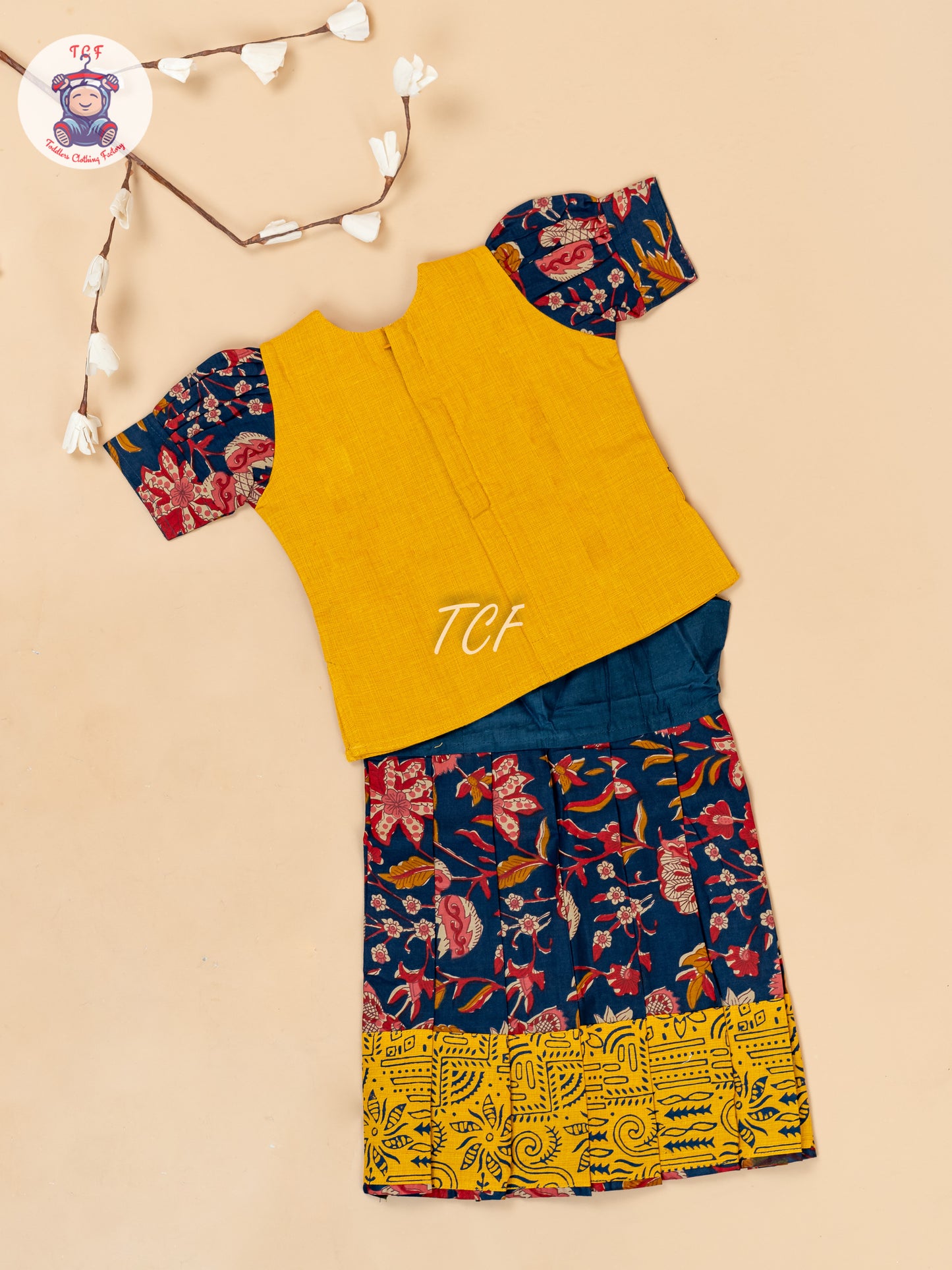 Yellow & Navy Blue - Girls Readymade Floral Printed Cotton Pavadai Sattai