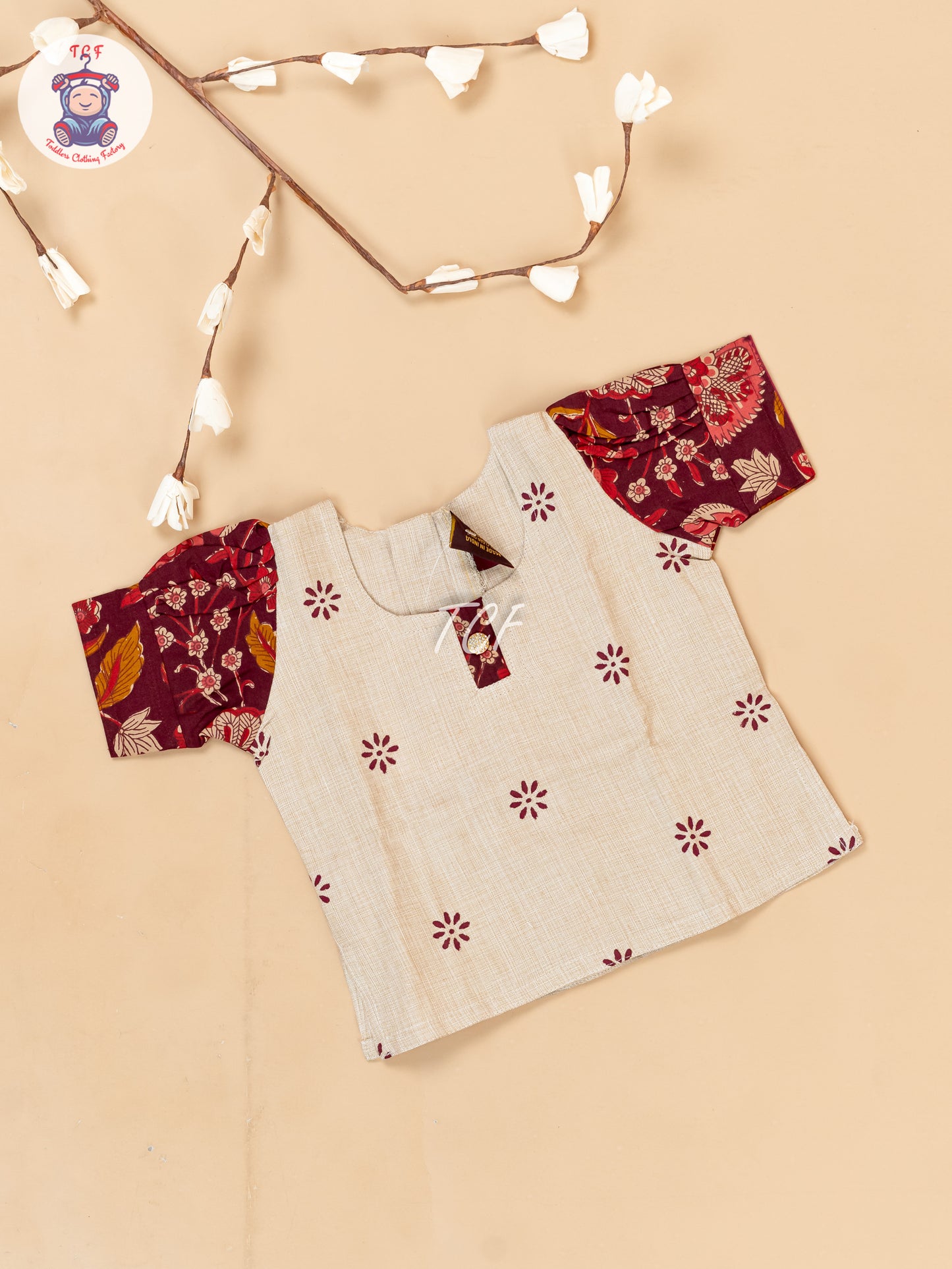Cream & Maroon - Girls Readymade Floral Printed Cotton Pavadai Sattai