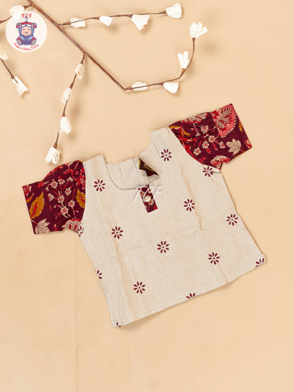 Cream & Maroon - Girls Readymade Floral Printed Cotton Pavadai Sattai