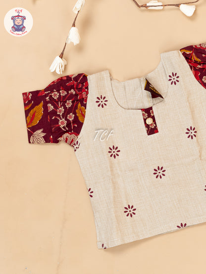 Cream & Maroon - Girls Readymade Floral Printed Cotton Pavadai Sattai