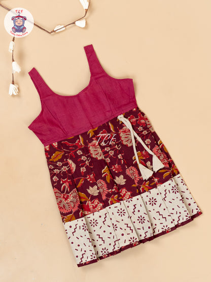 Cream & Maroon - Girls Readymade Floral Printed Cotton Pavadai Sattai