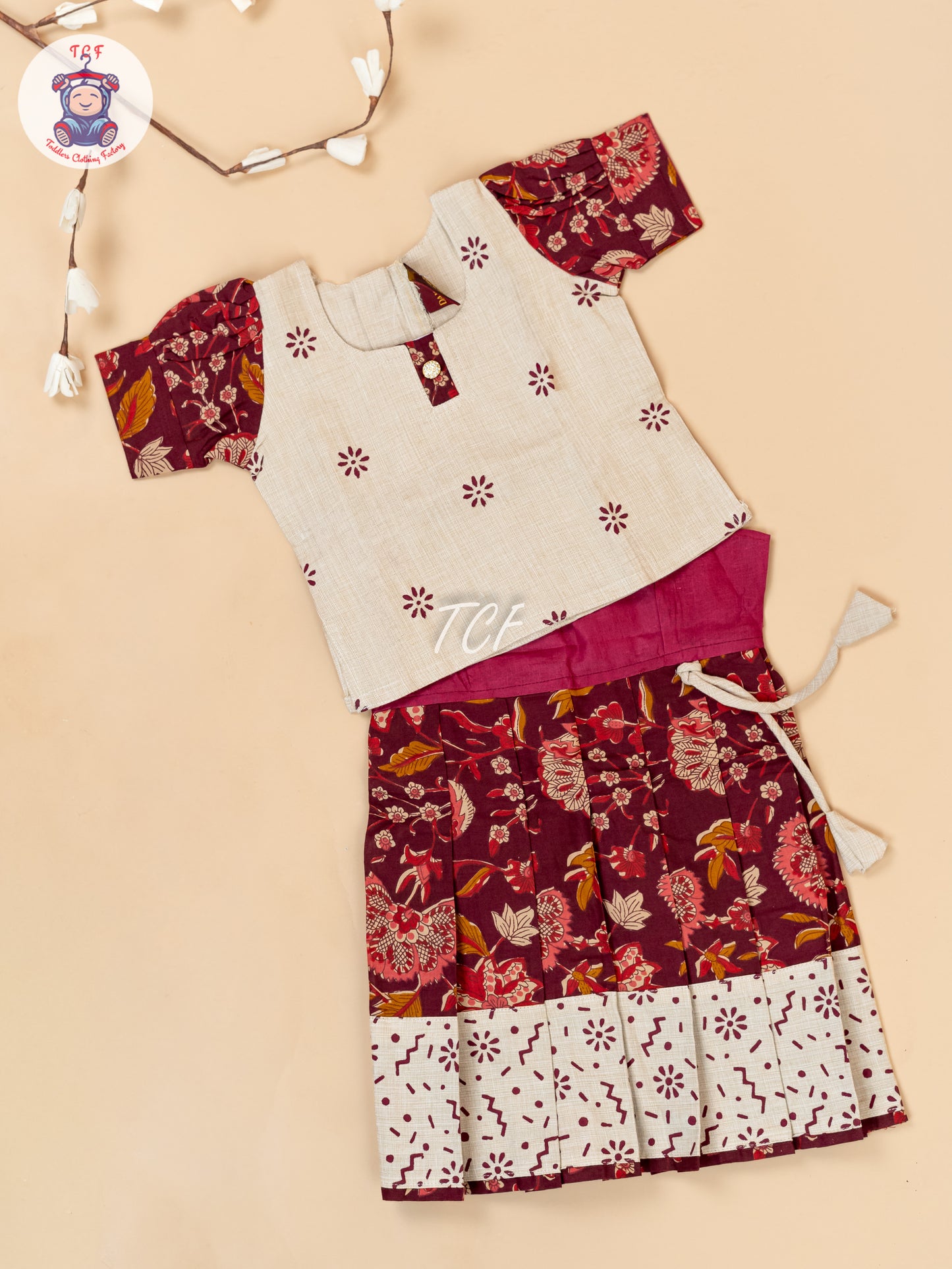 Cream & Maroon - Girls Readymade Floral Printed Cotton Pavadai Sattai