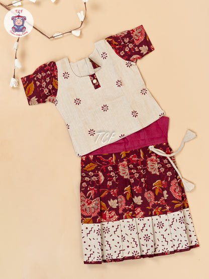 Cream & Maroon - Girls Readymade Floral Printed Cotton Pavadai Sattai
